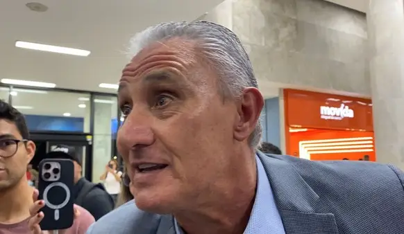 Tite falou com a imprensa em desembarque, no Rio (Foto: Bruno Murito / GE)