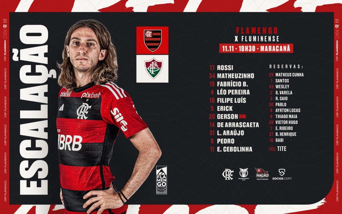 Flamengo divulga escalação para jogo contra o Fluminense, pelo Brasileirão