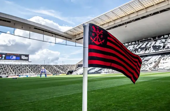 Bandeira do flamengo em campo (Foto: Alexandre Vidal/ Flamengo)