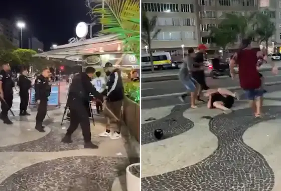 Torcedores do Flamengo e Olimpia entram em confronto na praia de Copacabana. (Foto: Reprodução/Twitter)