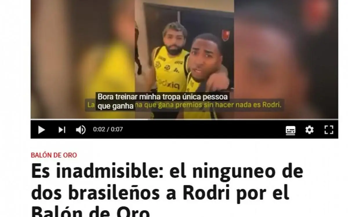 Jornal espanhol 'As' fez duras críticas à dupla do Flamengo Gabigol e Lorran, por vídeo atacando Rodri.