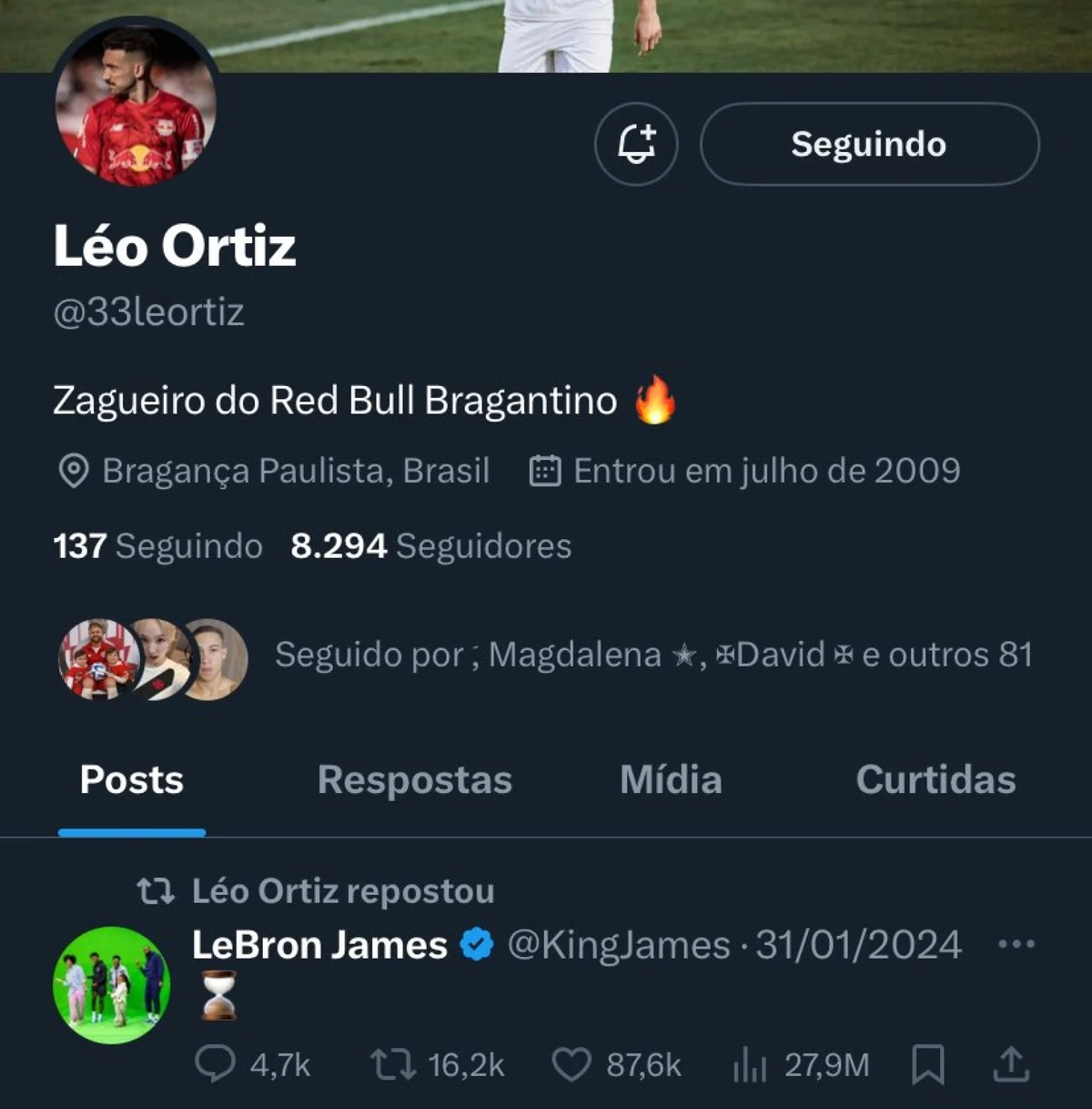 Mensagem de LeBron James republicada por Léo Ortiz, alvo do Flamengo