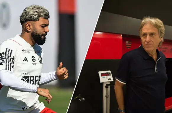 Gabigol e Jorge Jesus (Foto: Alexandre Vidal / Flamengo / Arte Mengo Mania)