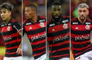 Pulgar, De la Cruz, Gerson e Arrascaeta, o "quadrado mágico" do Flamengo (Foto: Marcelo Cortes e Gilvan de Souza / CRF)