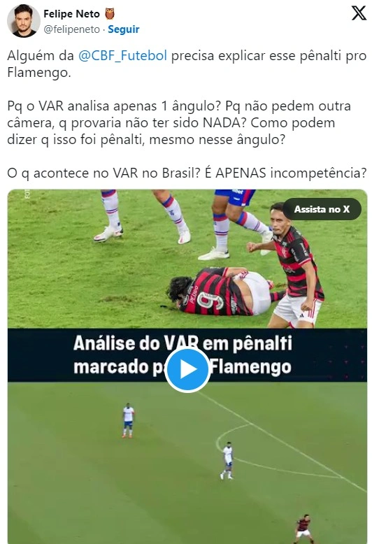 Felipe Neto apagou o tweet, mas não publicou nenhuma retratação.