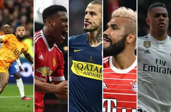 Memphis Depay, Anthony Martial, Darío Benedetto, Eric Maxim Choupo-moting e Mariano Díaz (Foto: Anne-Christine POUJOULAT / AFP, Reprodução / Twitter oficial da FA Cup, Divulgação/Twitter, CHRISTOF STACHE / AFP, Reprodução/Twitter)