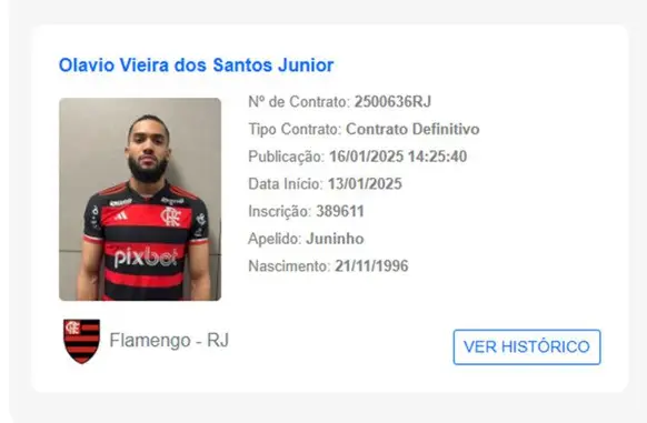 Juninho tem nome publicado no BID (Foto: Reprodução/CBF)