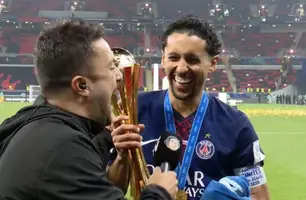 Marquinhos, do PSG, debocha de torcedor do Flamengo após título mundial (Foto: Reprodução/Cazé TV)