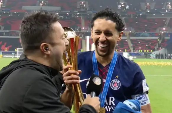 Marquinhos, do PSG, debocha de torcedor do Flamengo após título mundial (Foto: Reprodução/Cazé TV)