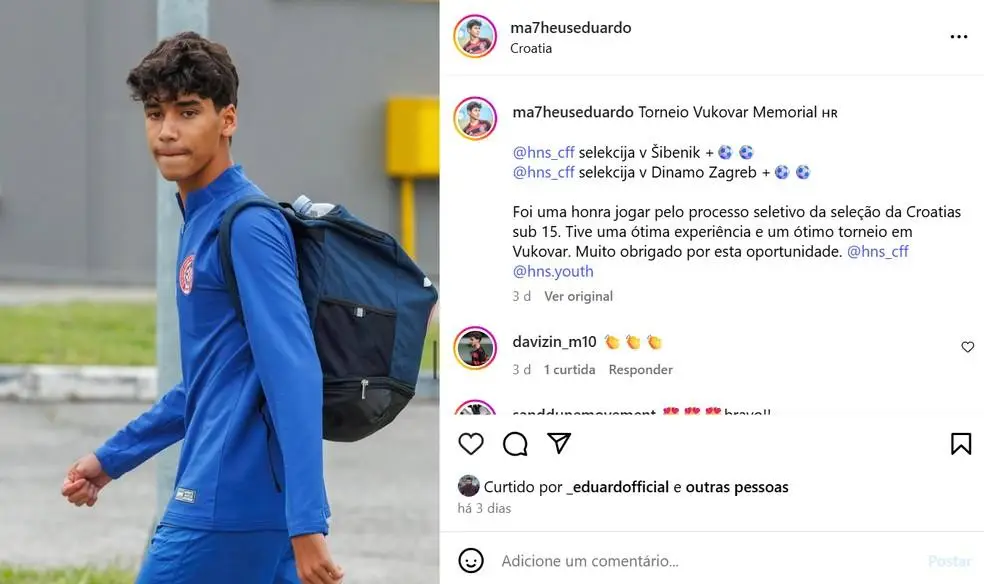 Matheus Eduardo é filho de Eduardo da Silva e disputou torneio de captação na Croácia