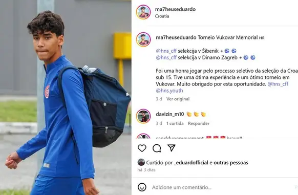 Matheus Eduardo é filho de Eduardo da Silva e disputou torneio de captação na Croácia (Foto: Reprodução)