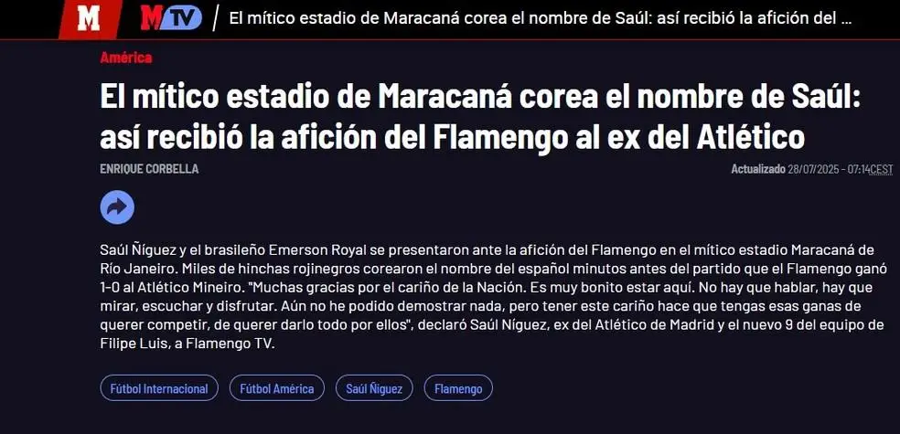 Marca destaca primeiro contato de Saúl com torcida do Flamengo