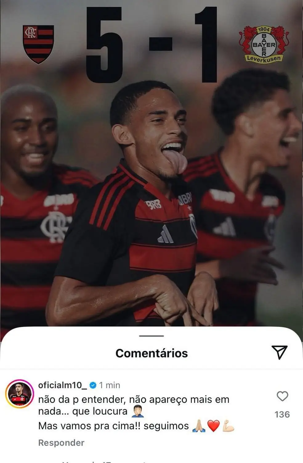 Matheus Gonçalves posta indireta em perfil oficial do Flamengo