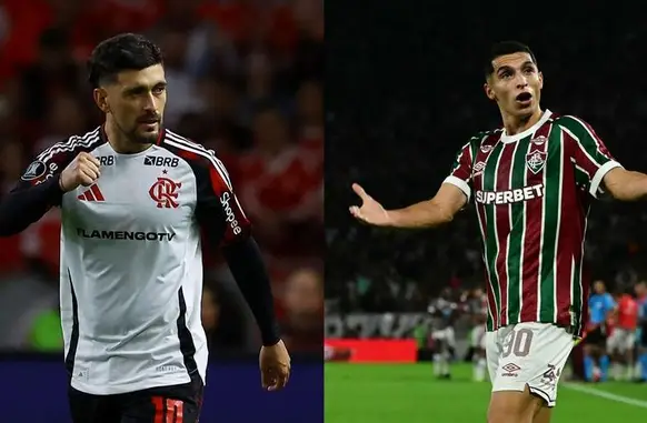 Destaques do último duelo de seus respectivos times, o meia-atacante Arrascaeta (Flamengo) e o atacante Serna (Fluminense) (Foto: SILVIO AVILA / AFP e Pablo PORCIUNCULA / AFP)