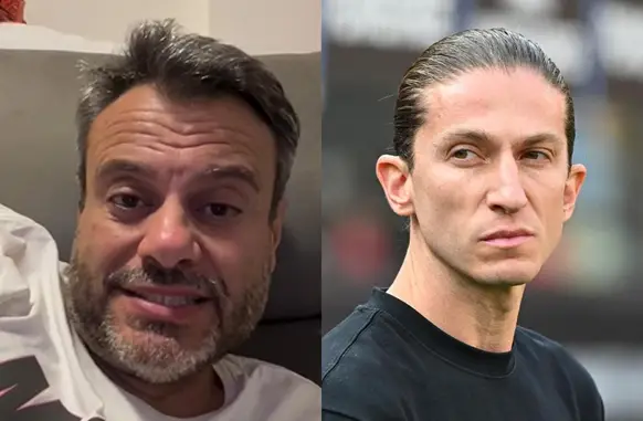 Eric Faria durante vídeo do Instagram, ao lado do técnico Filipe Luís durante jogo do Flamengo (Foto: Reprodução / Redes Sociais)